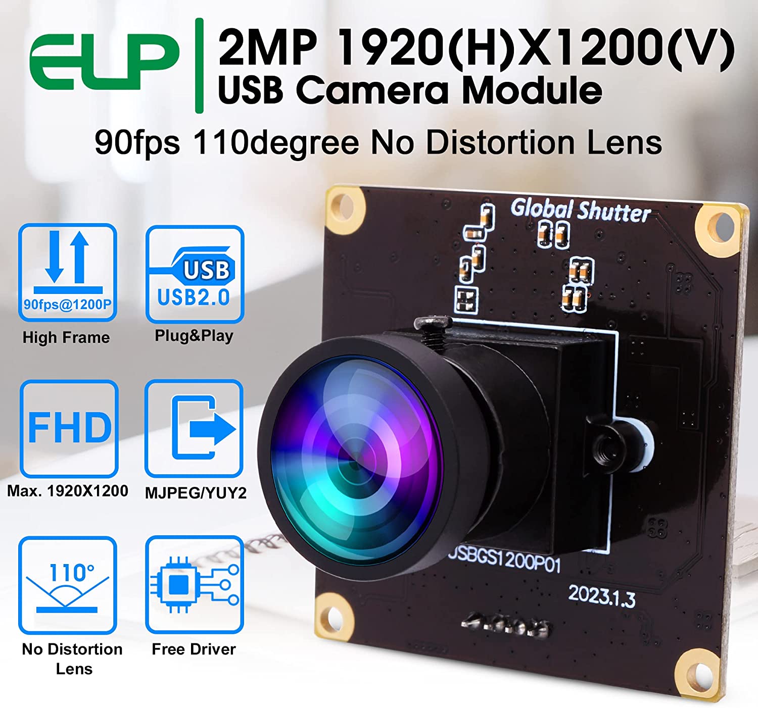 ELP High Speed 90fps 1200P 1080P Full HD PC Camera AR0234 CMOS Sensor Wide Angle Low Distortion 110Degree Lens Mini USB Global Shutter Camera UVC For Fast Moving Capturing